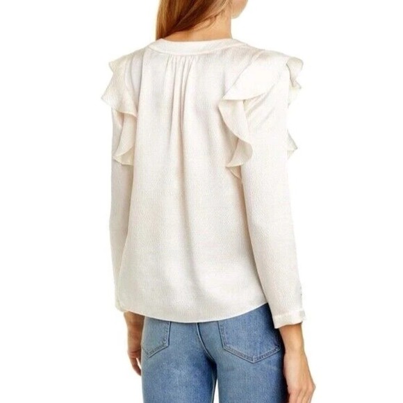 Rebecca Taylor Silk Blouse Womens 4 Cream Ruffle Textured Long Sleeve V-neck Top - Picture 2 of 7